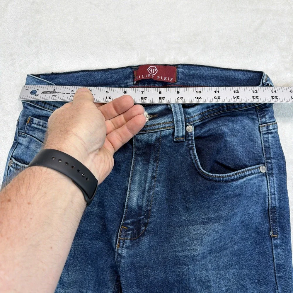 Philipp Plein Mens Jeans 30x34 Blue Slim Straight Logo Designer Denim Luxury